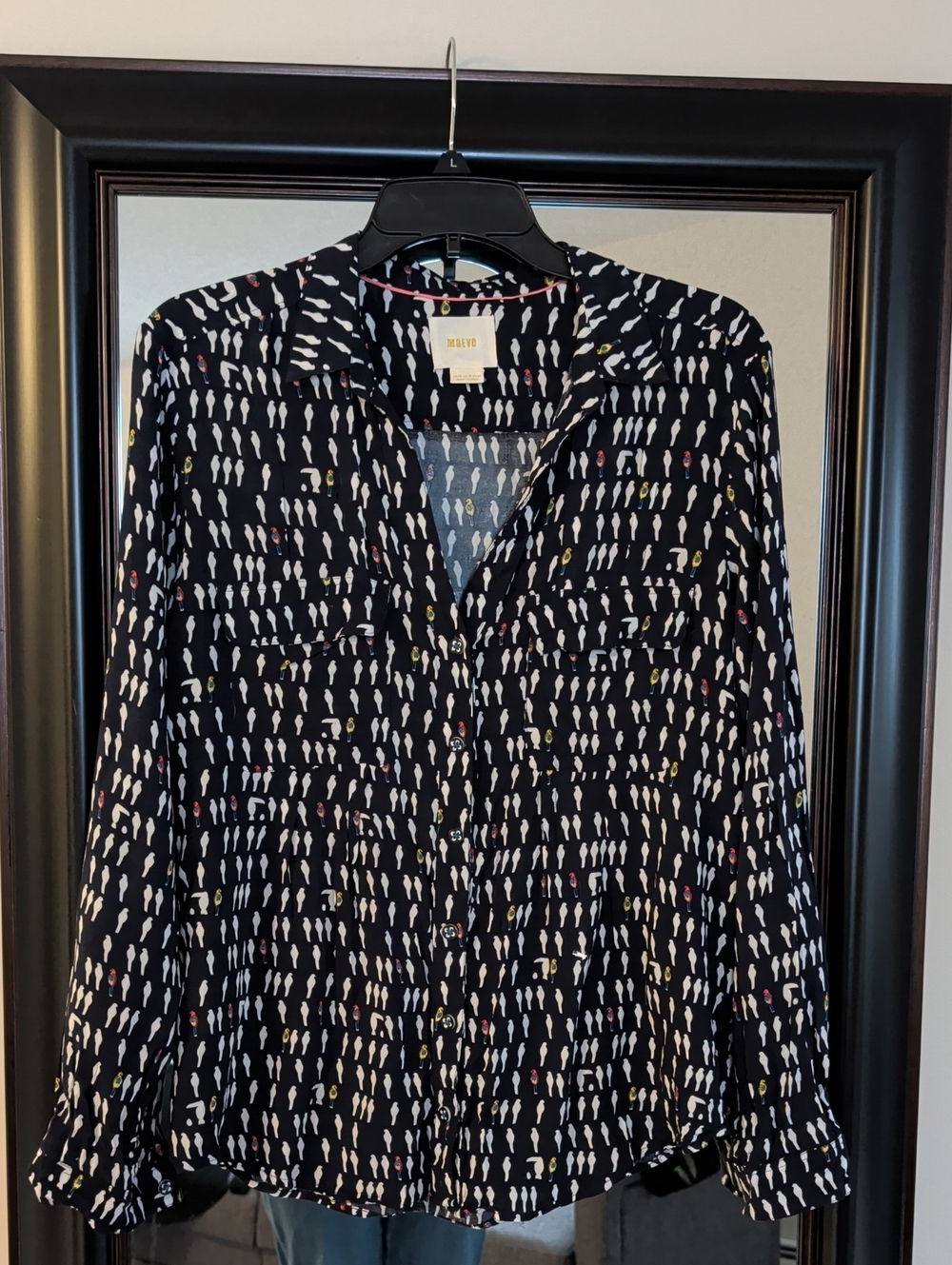 Maeve Navy Button-Down Shirt with White and Multicolor Parot Motif